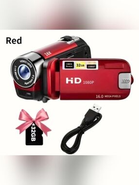 HD 1080P Digital Video Camera Camcorder - 16MP, 32GB, Red